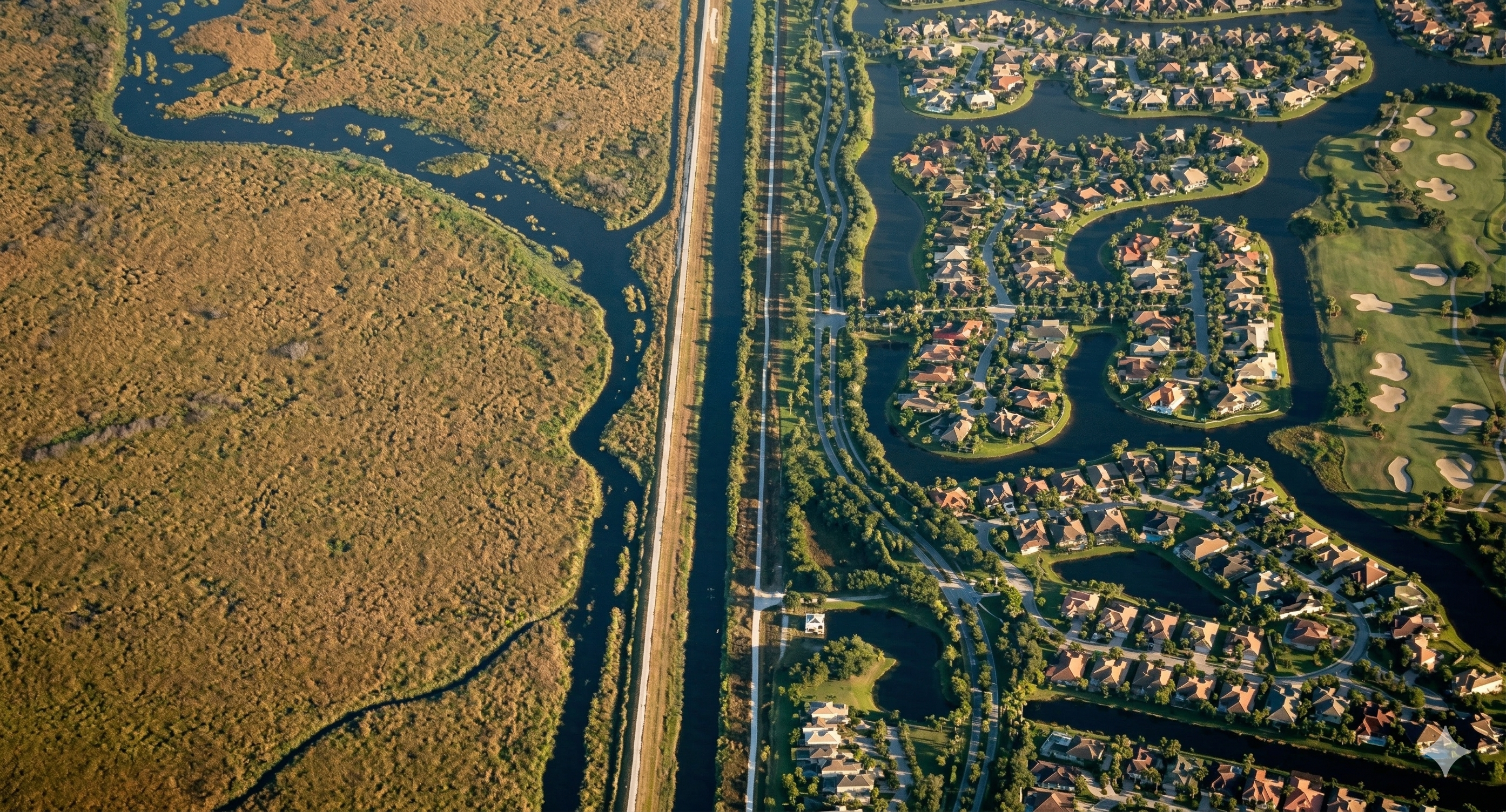 Eine Luftaufnahme, die die scharfe Grenze zwischen der Vorstadtsiedlung Weston, Florida (rechts), mit ihren kurvigen Kanälen, Häusern mit Terrakotta-Dächern und Golfplatz, und dem weiten, unberührten Feuchtgebiet der Everglades (links) zeigt. Die beiden Welten sind durch einen geraden Kanal und Damm getrennt.